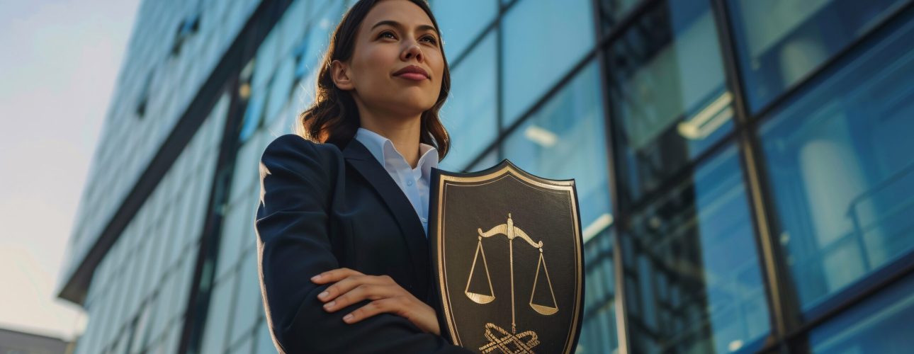 A close-up shot of a confident businesswoman in a formal suit holding a shield with the scales of justice symbol, standing in front of a modern glass office building with a blue sky backdrop,