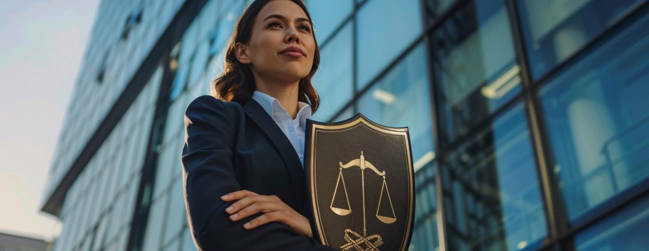 A close-up shot of a confident businesswoman in a formal suit holding a shield with the scales of justice symbol, standing in front of a modern glass office building with a blue sky backdrop,